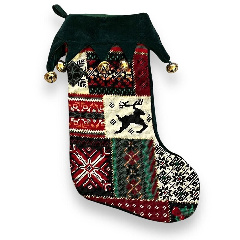Needlepoint Christmas Stocking Patchwork Reindeer Snowflakes Jingle Bells Retro